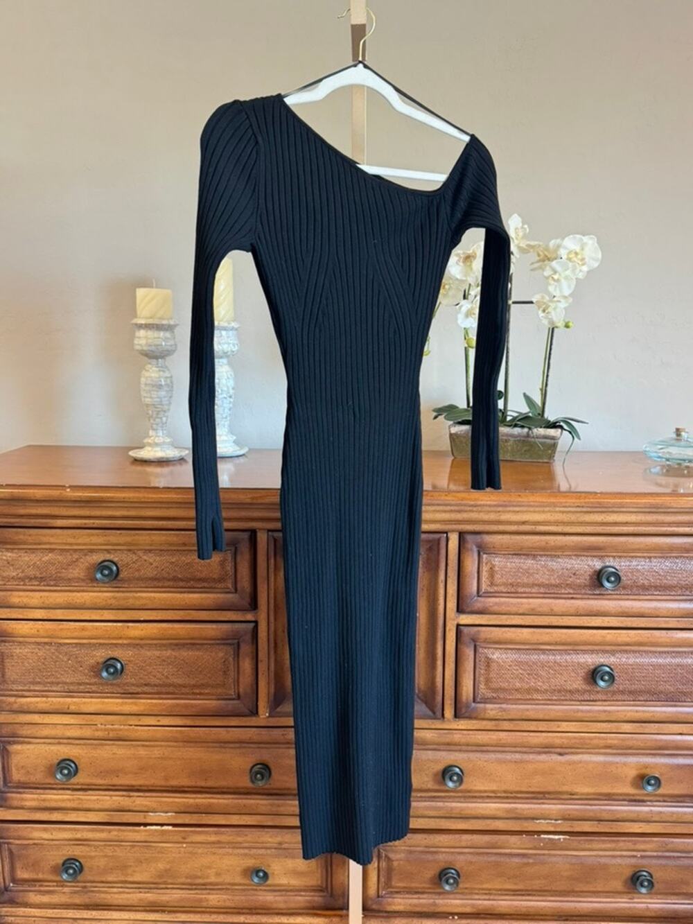 H&M One Shoulder Rib Knit Bodycon Dress Black Size S NWOT